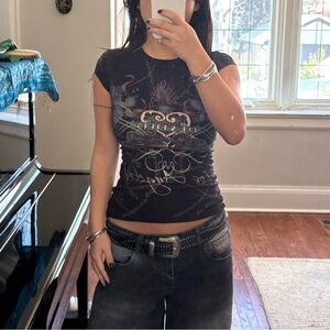 Vintage Sexso Black and Gold Graphic Baby Tee with Red Ruby Studs Top